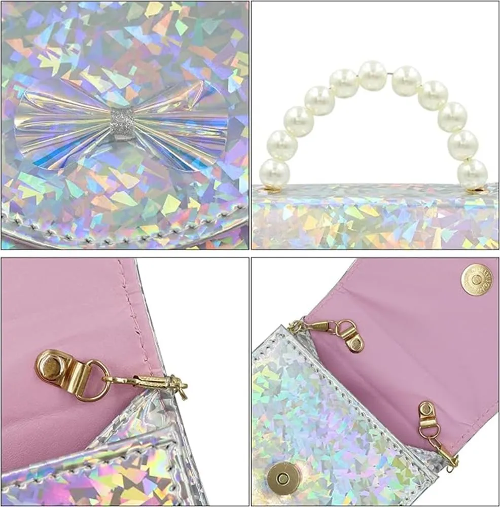 Toddler Elegant Mini Purse for Little Girls Shiny Handbag with Pearl Handle Cute Shoulder Bag for Kids