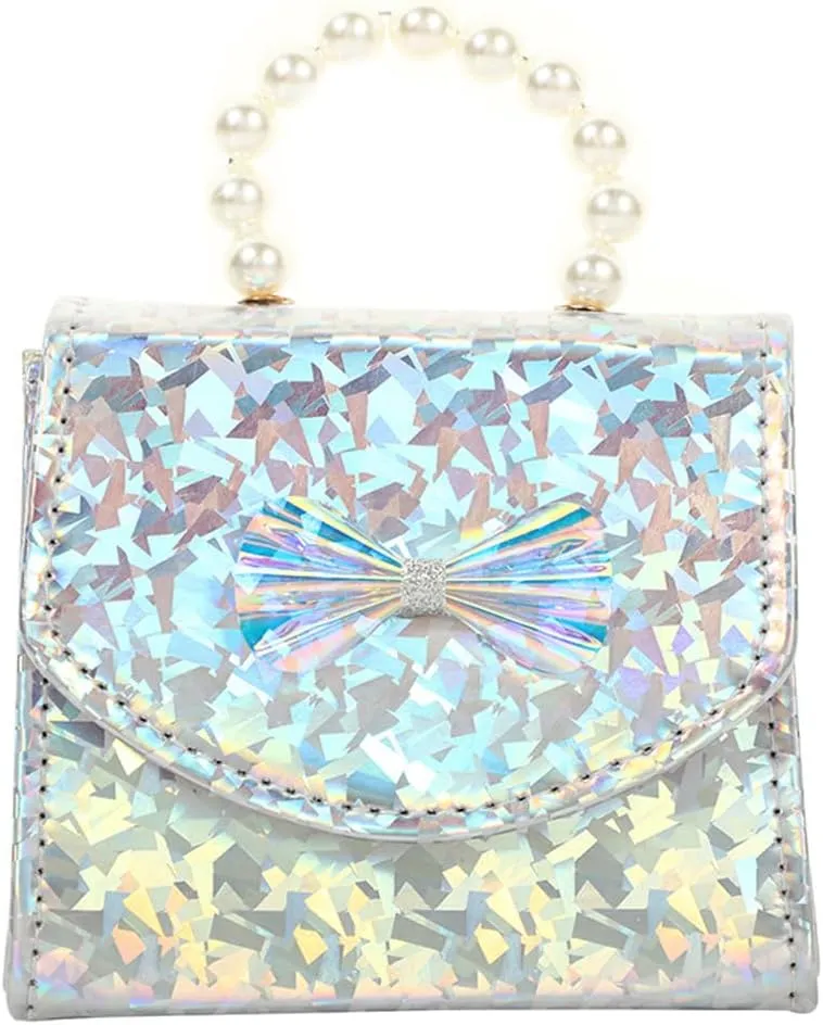 Toddler Elegant Mini Purse for Little Girls Shiny Handbag with Pearl Handle Cute Shoulder Bag for Kids