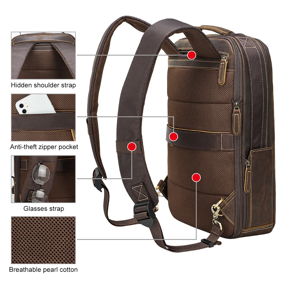Top Quality Crazy Horse Leather Traveling 15.6-inch Laptop Backpack for Man