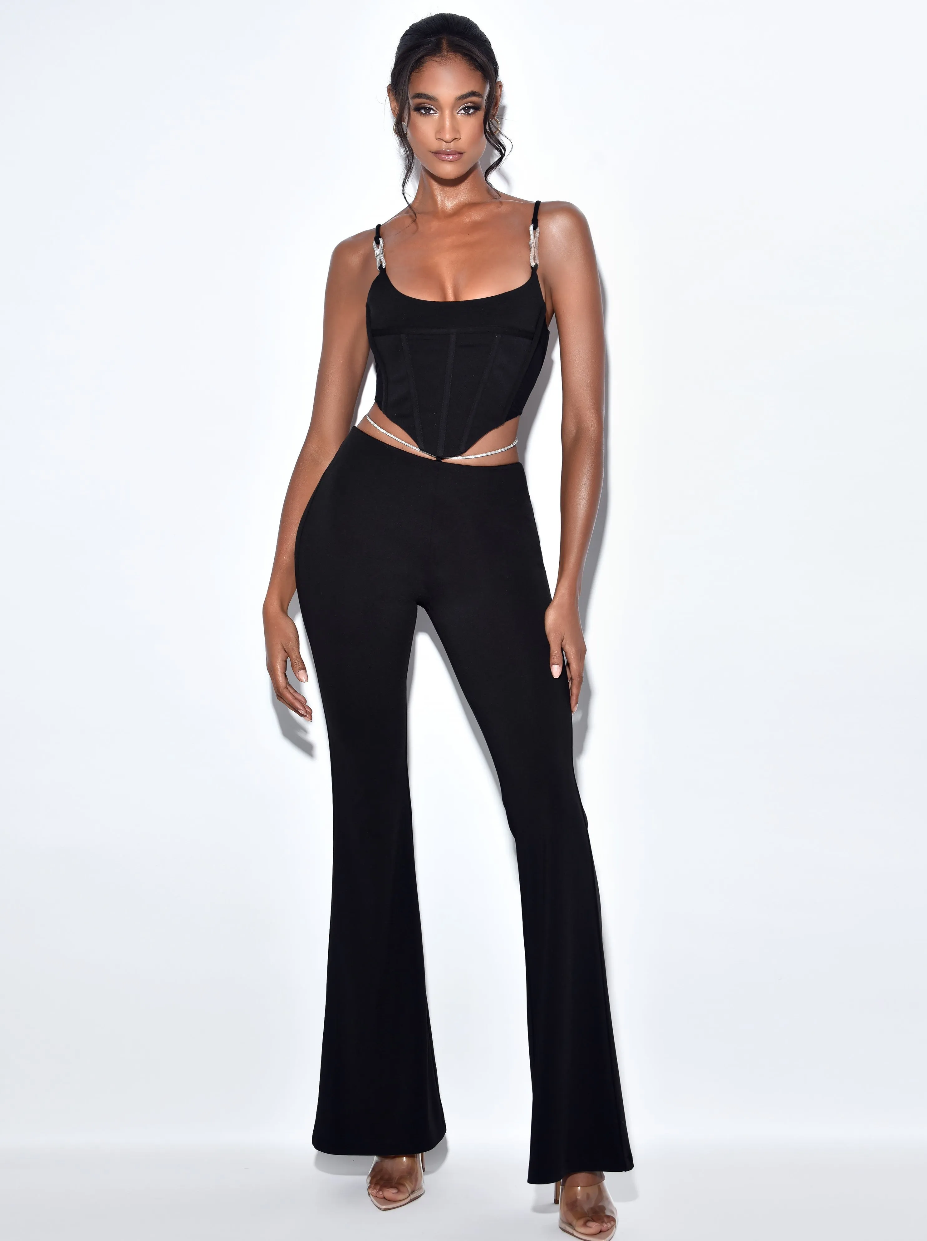 Tova Black Crystal Charming Waist Strap Flare Pants