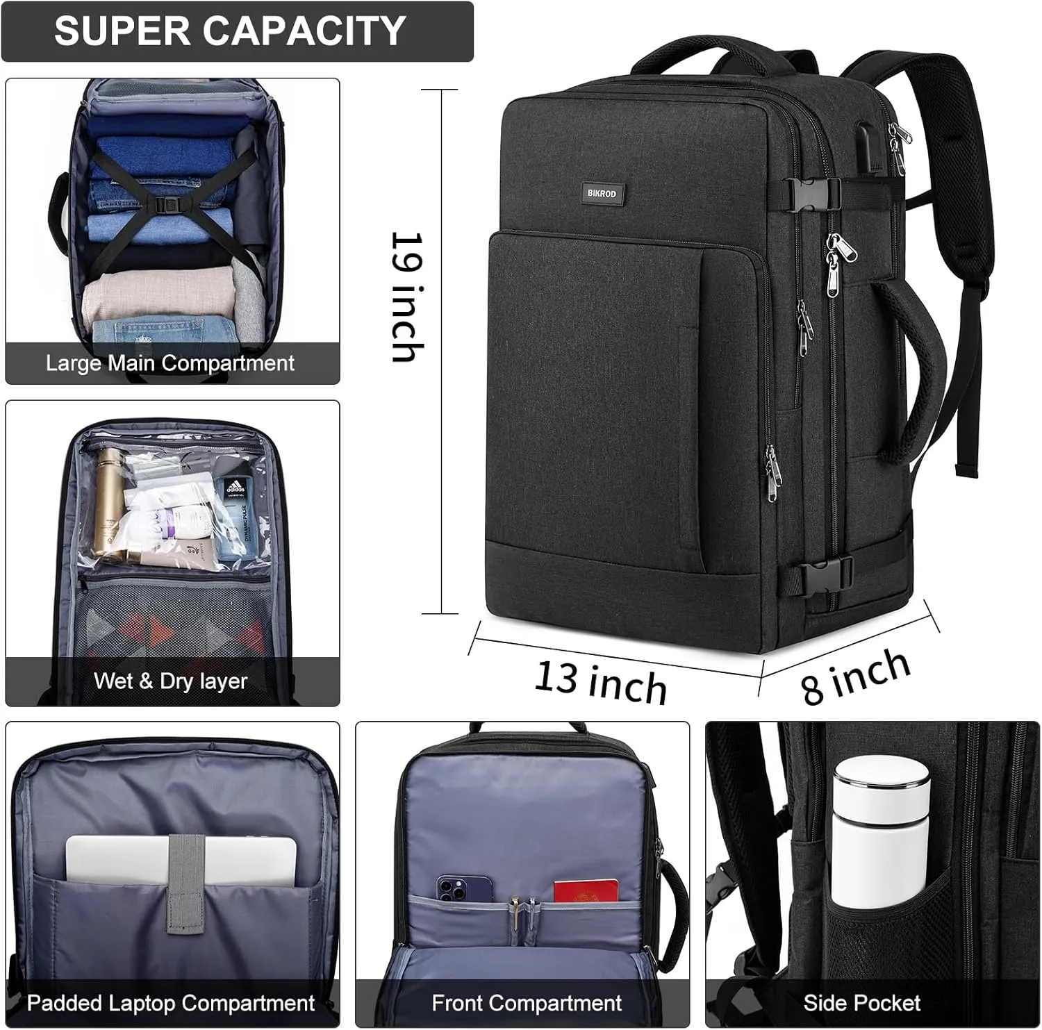 Travel Backpack for Men and Women, 40L Extra Large Flight Approved Carry on Backpack with Sturdy Zipper, 17.3 Inch Laptop Backpack with USB Charger Port & Luggage Sleeve, School Backpack, Black