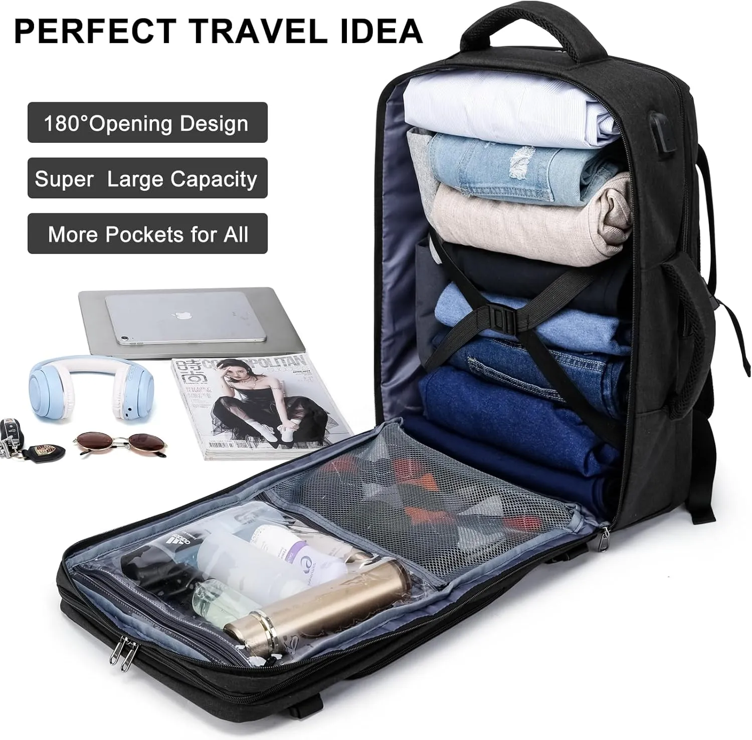 Travel Backpack for Men and Women, 40L Extra Large Flight Approved Carry on Backpack with Sturdy Zipper, 17.3 Inch Laptop Backpack with USB Charger Port & Luggage Sleeve, School Backpack, Black