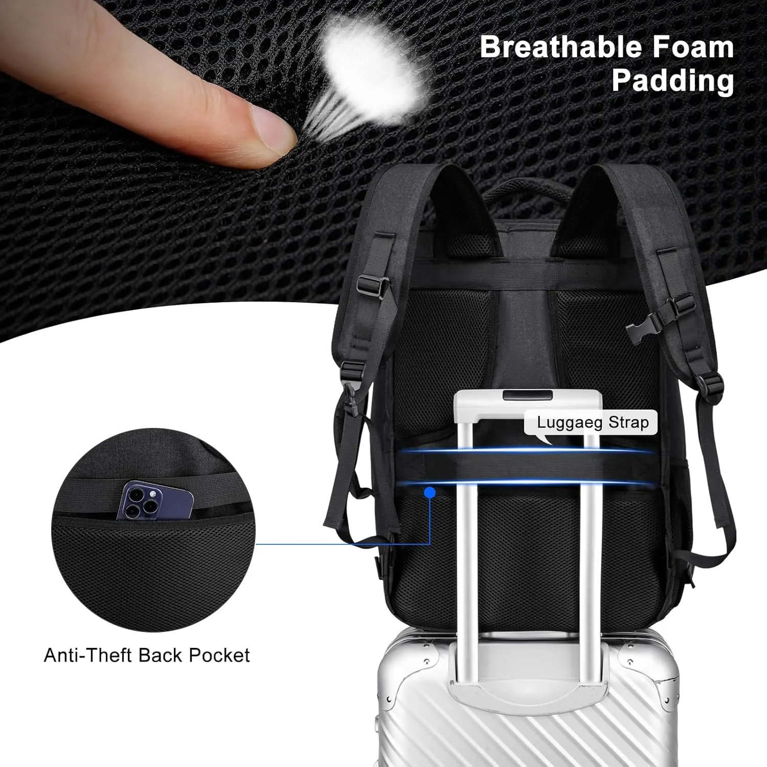 Travel Backpack for Men and Women, 40L Extra Large Flight Approved Carry on Backpack with Sturdy Zipper, 17.3 Inch Laptop Backpack with USB Charger Port & Luggage Sleeve, School Backpack, Black