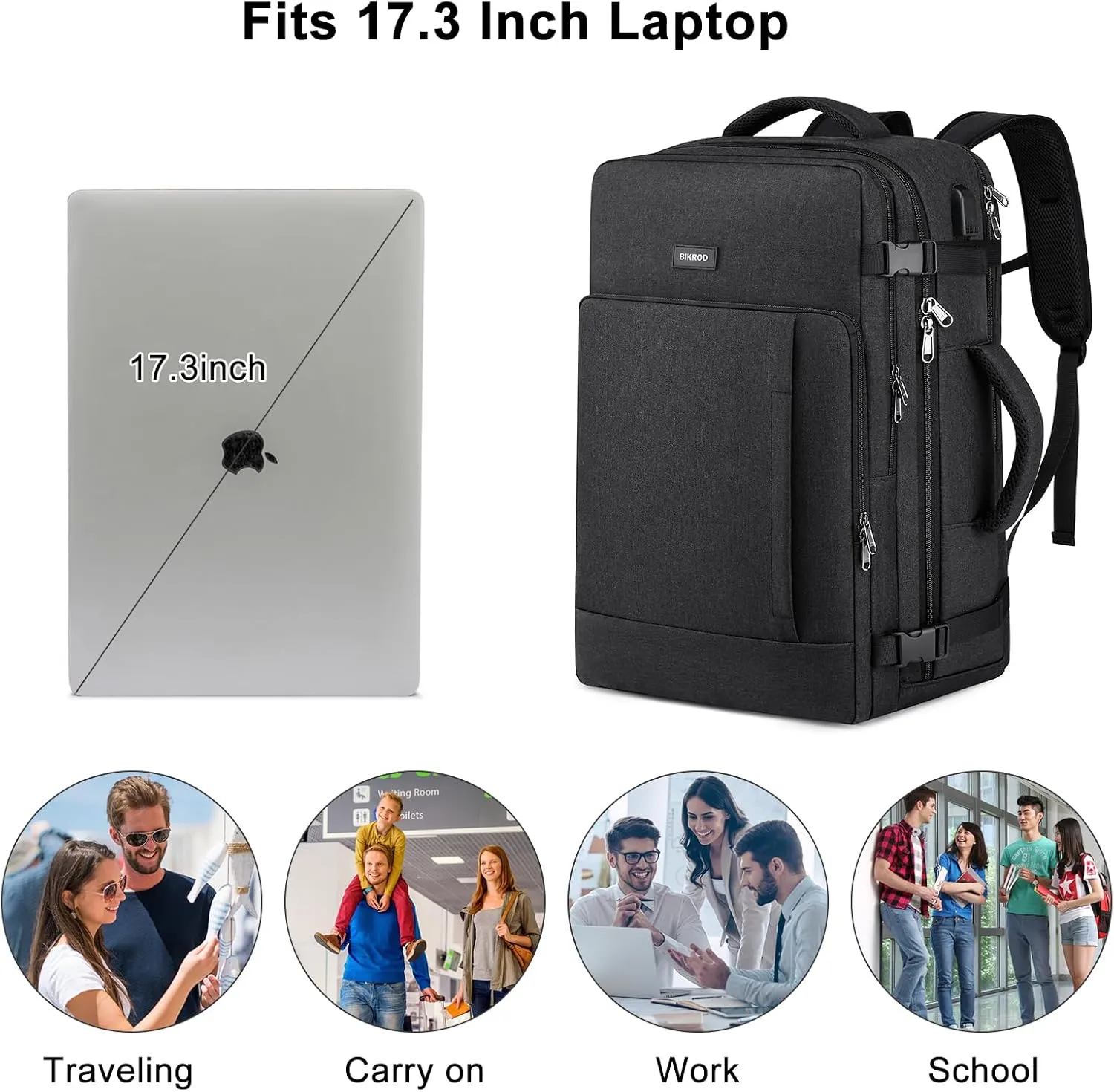 Travel Backpack for Men and Women, 40L Extra Large Flight Approved Carry on Backpack with Sturdy Zipper, 17.3 Inch Laptop Backpack with USB Charger Port & Luggage Sleeve, School Backpack, Black