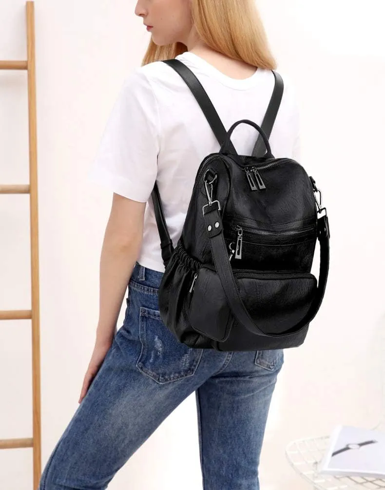UTO Women Backpack Purse Leather Vegan Convertible Ladies Rucksack Zipper Pocket Shoulder Bag with Detachable Pouch