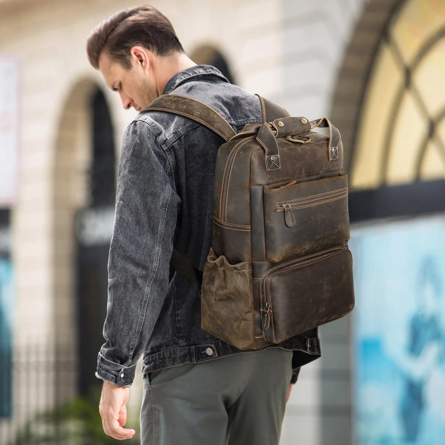 Vintage Classic Genuine Cow Leather Traveling 15.6-inch Laptop Backpack for Men