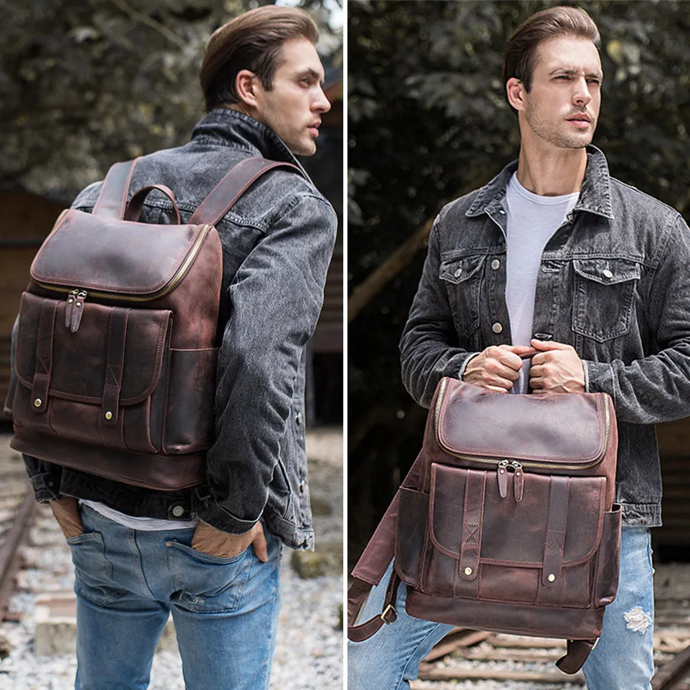 Vintage High Quality Crazy Horse Leather Travel 15.6 Inch Laptop Shoulder Backpack