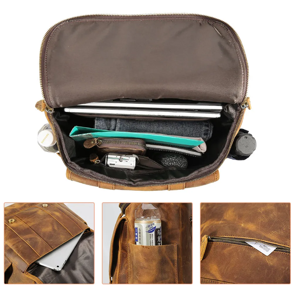 Vintage High Quality Crazy Horse Leather Travel 15.6 Inch Laptop Shoulder Backpack