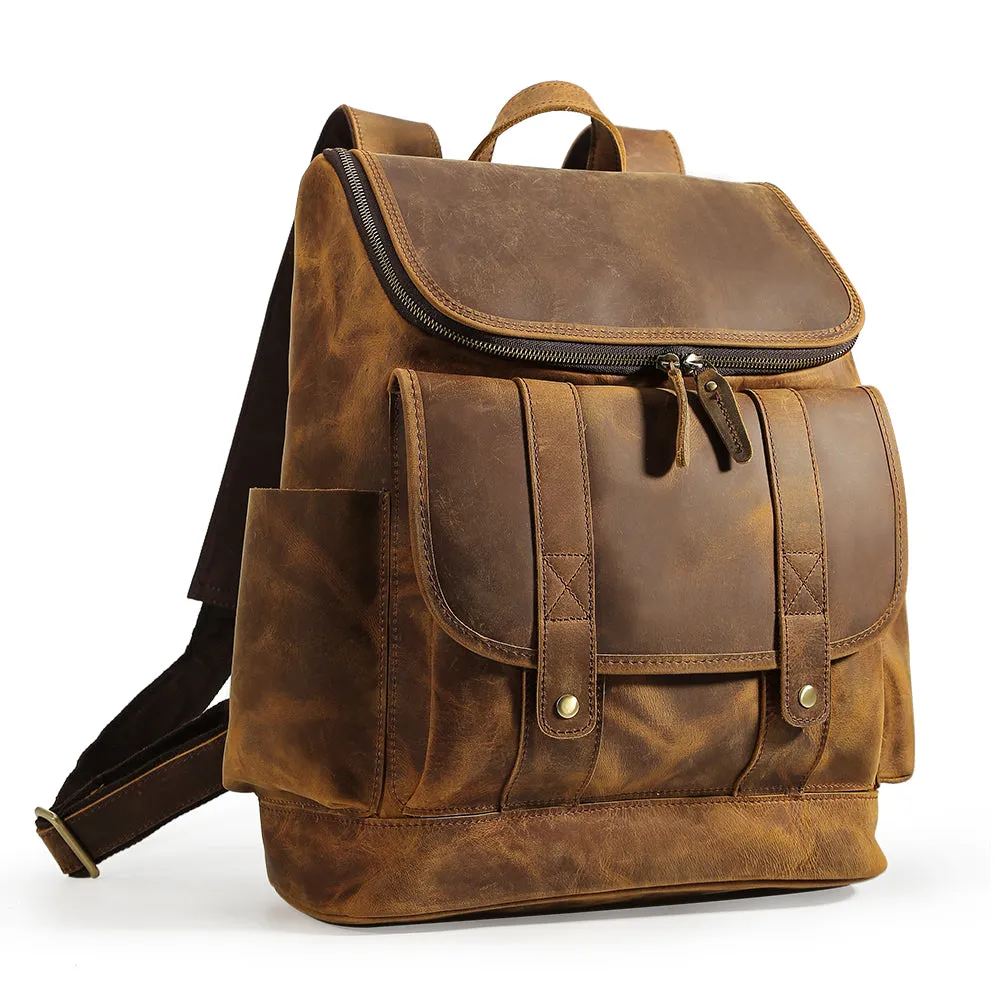 Vintage High Quality Crazy Horse Leather Travel 15.6 Inch Laptop Shoulder Backpack