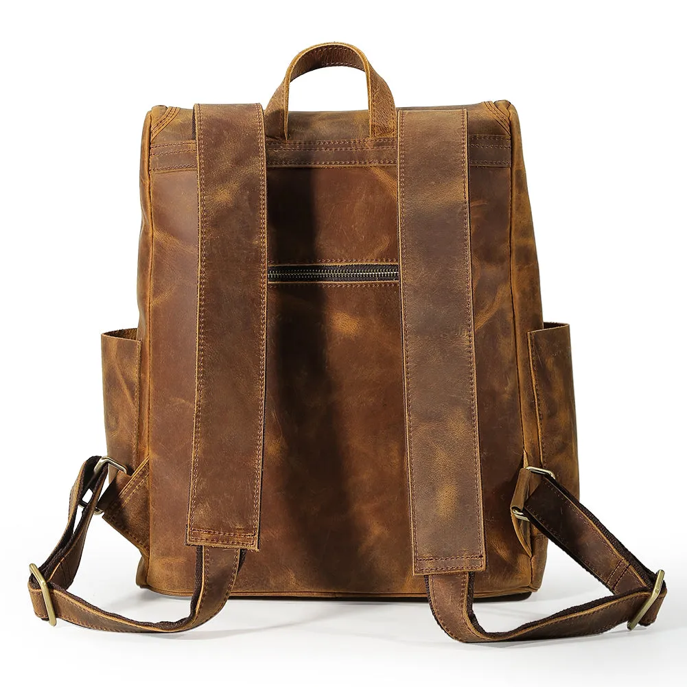 Vintage High Quality Crazy Horse Leather Travel 15.6 Inch Laptop Shoulder Backpack