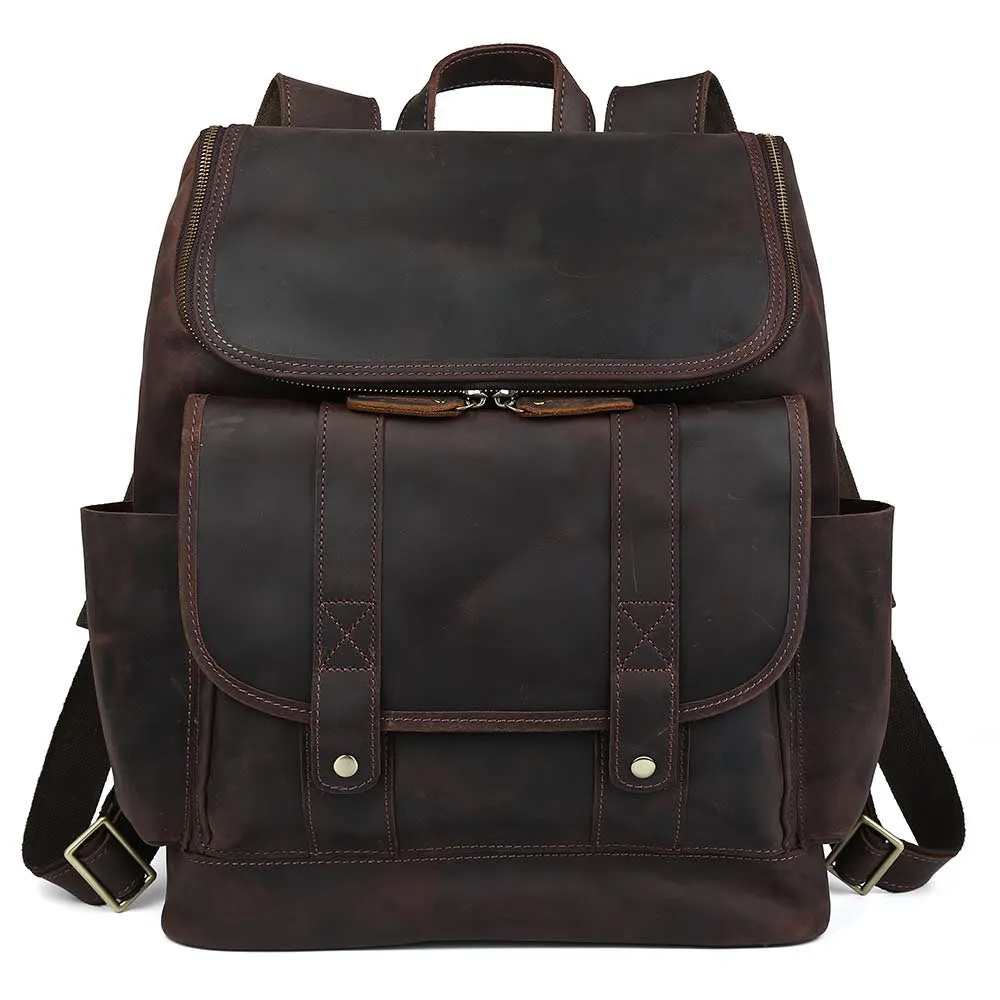 Vintage High Quality Crazy Horse Leather Travel 15.6 Inch Laptop Shoulder Backpack