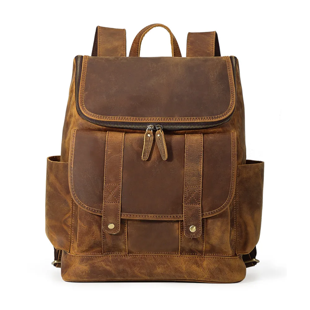 Vintage High Quality Crazy Horse Leather Travel 15.6 Inch Laptop Shoulder Backpack