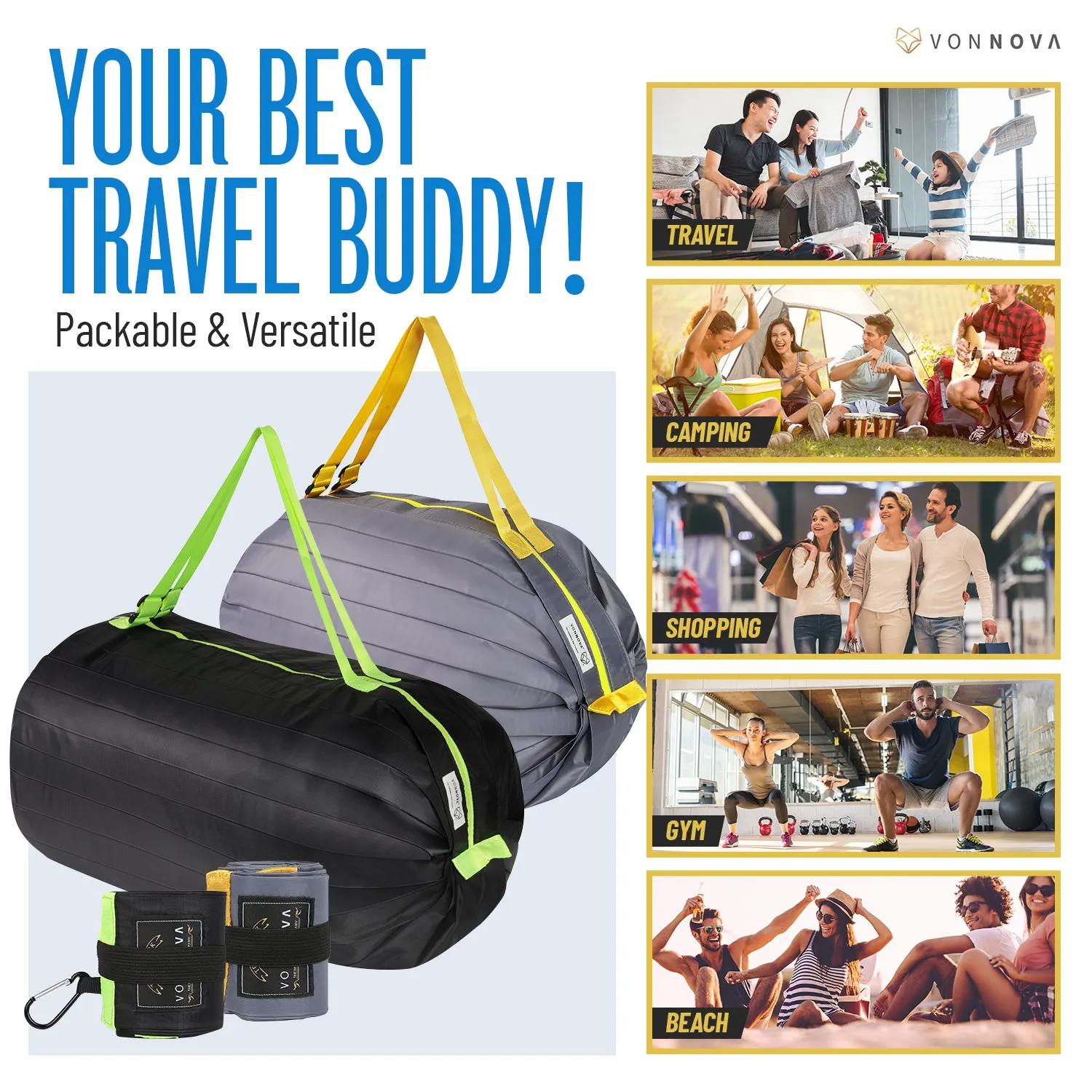VonNova Foldable Travel Duffle Bag Large Capacity Weekender Bags with Zipper Beach Tote Bag for Storage Gym Shopping (Black  Grey 2 Sizes)
