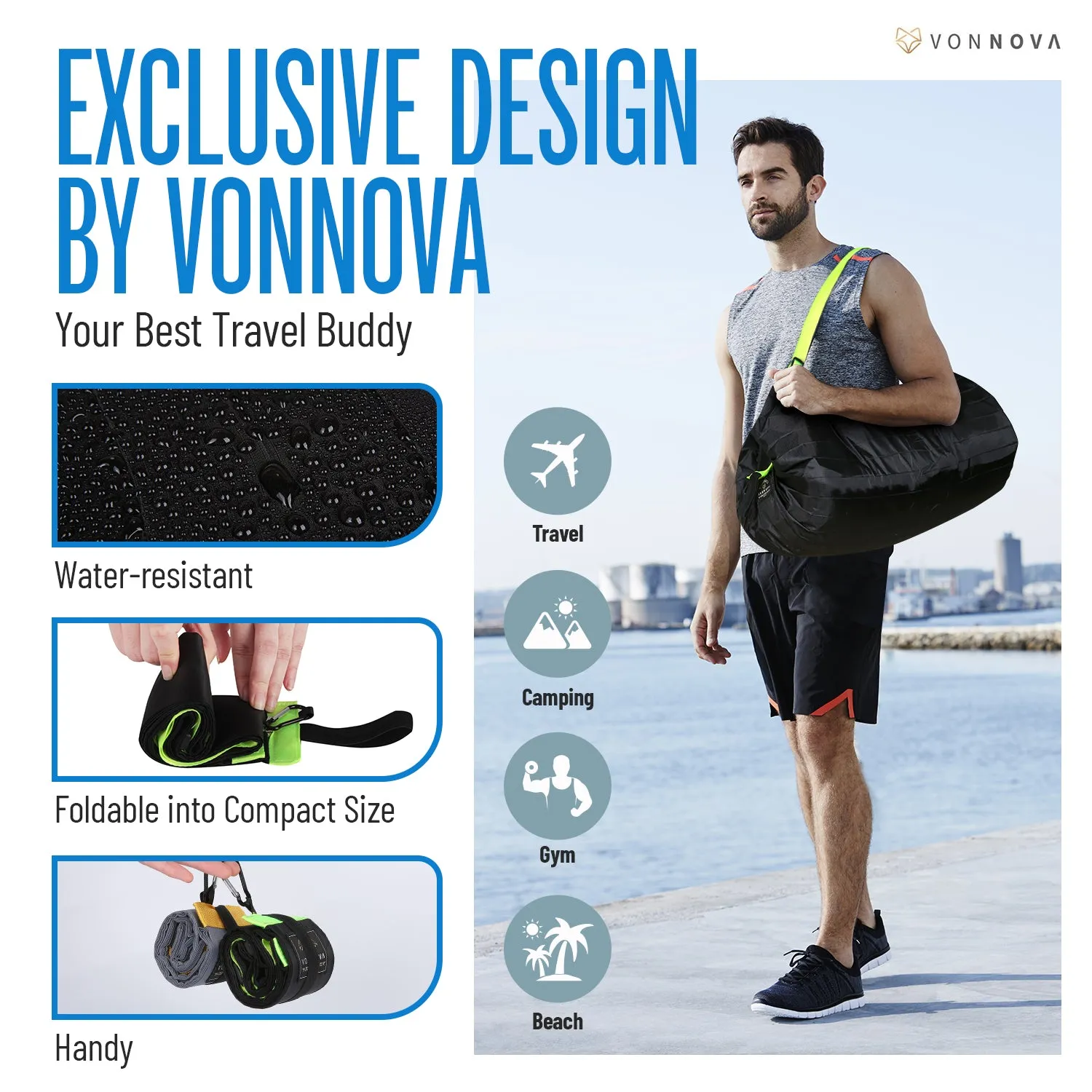 VonNova Foldable Travel Duffle Bag Large Capacity Weekender Bags with Zipper Beach Tote Bag for Storage Gym Shopping (Black  Grey 2 Sizes)