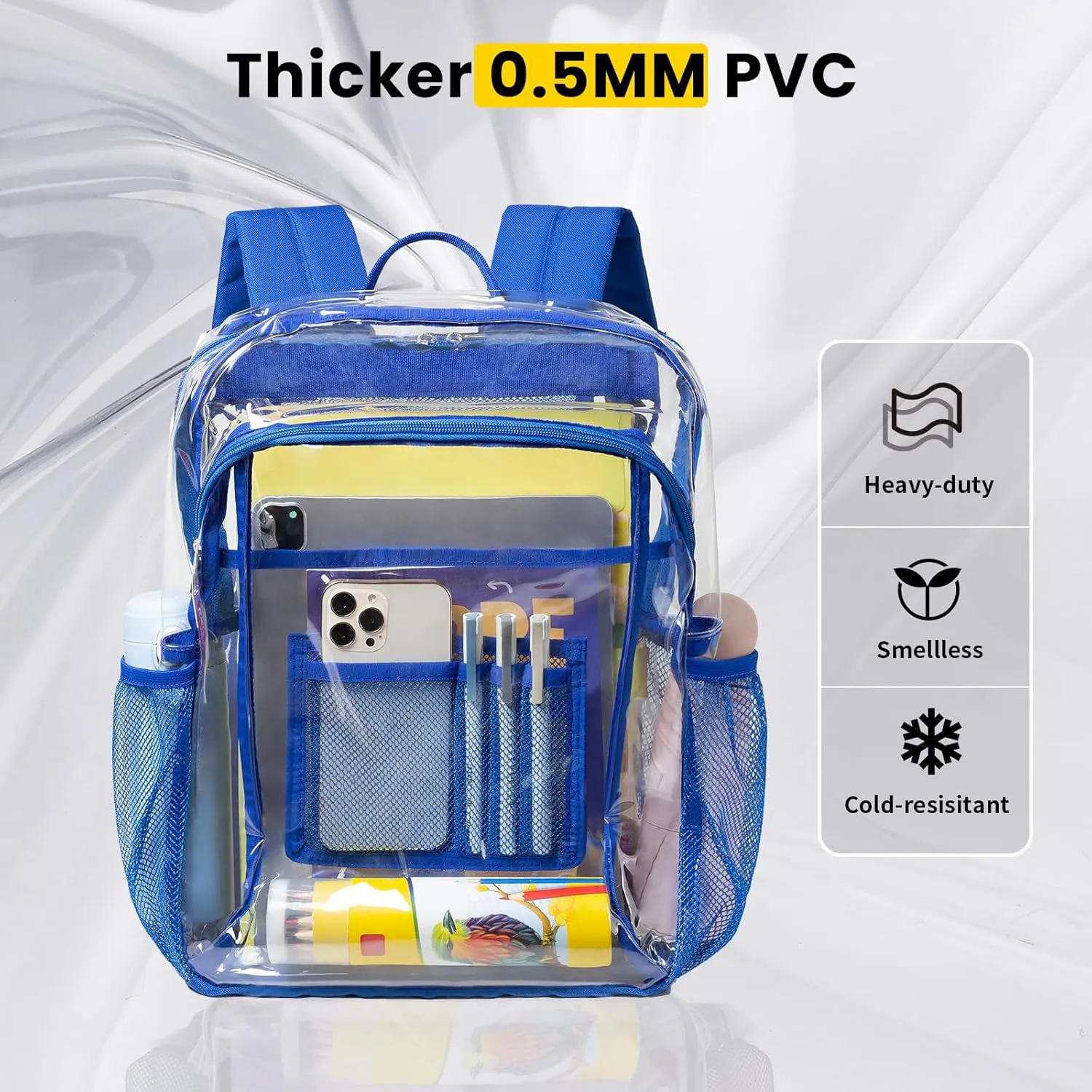 Vorspack Clear Backpack Heavy Duty - Clear Book Bag with Multi-pockets Large See Through Backpack for College Workplace - Blue