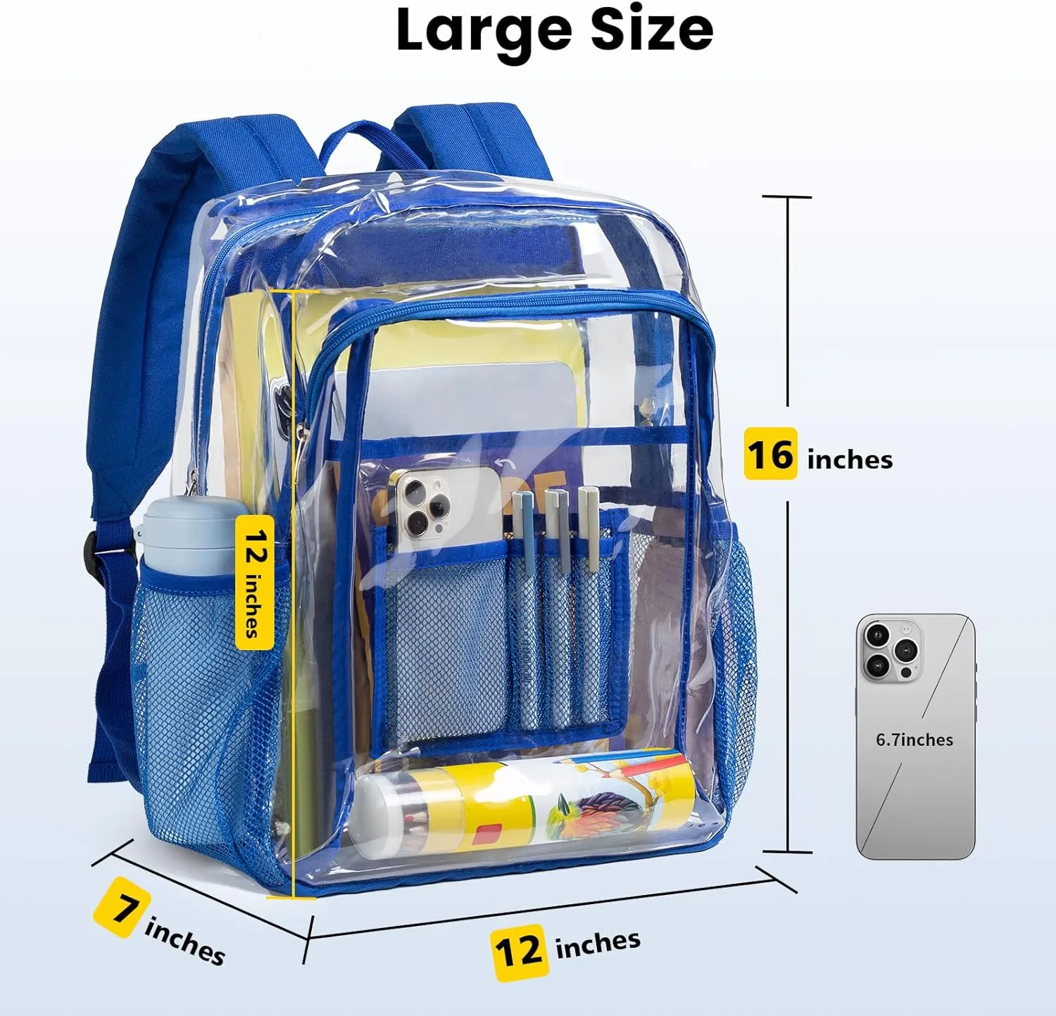 Vorspack Clear Backpack Heavy Duty - Clear Book Bag with Multi-pockets Large See Through Backpack for College Workplace - Blue