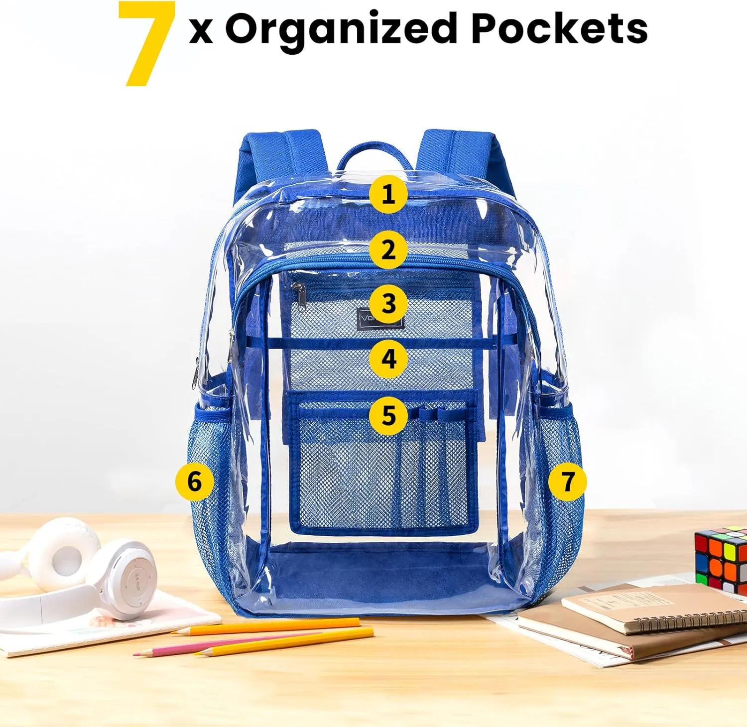 Vorspack Clear Backpack Heavy Duty - Clear Book Bag with Multi-pockets Large See Through Backpack for College Workplace - Blue