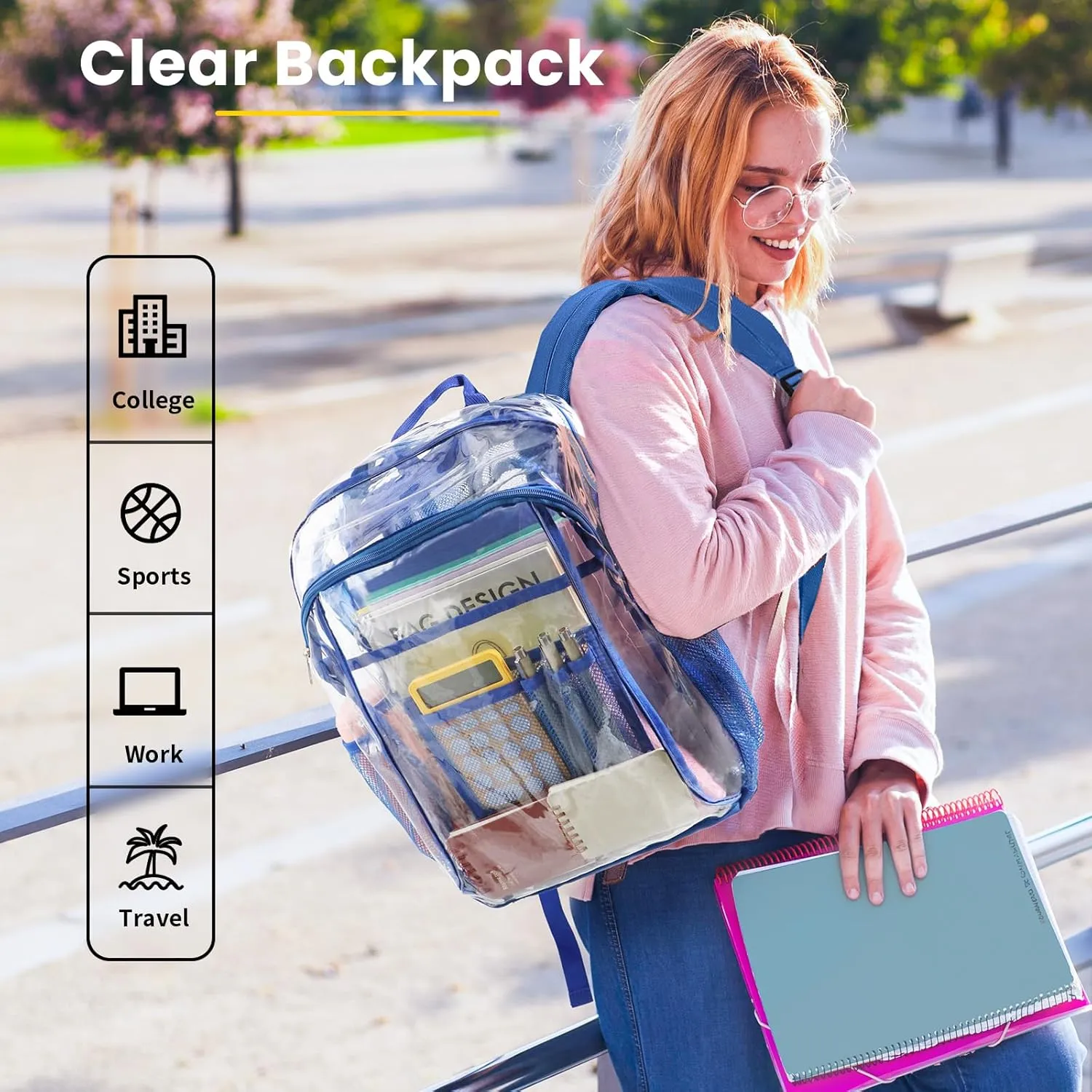 Vorspack Clear Backpack Heavy Duty - Clear Book Bag with Multi-pockets Large See Through Backpack for College Workplace - Blue