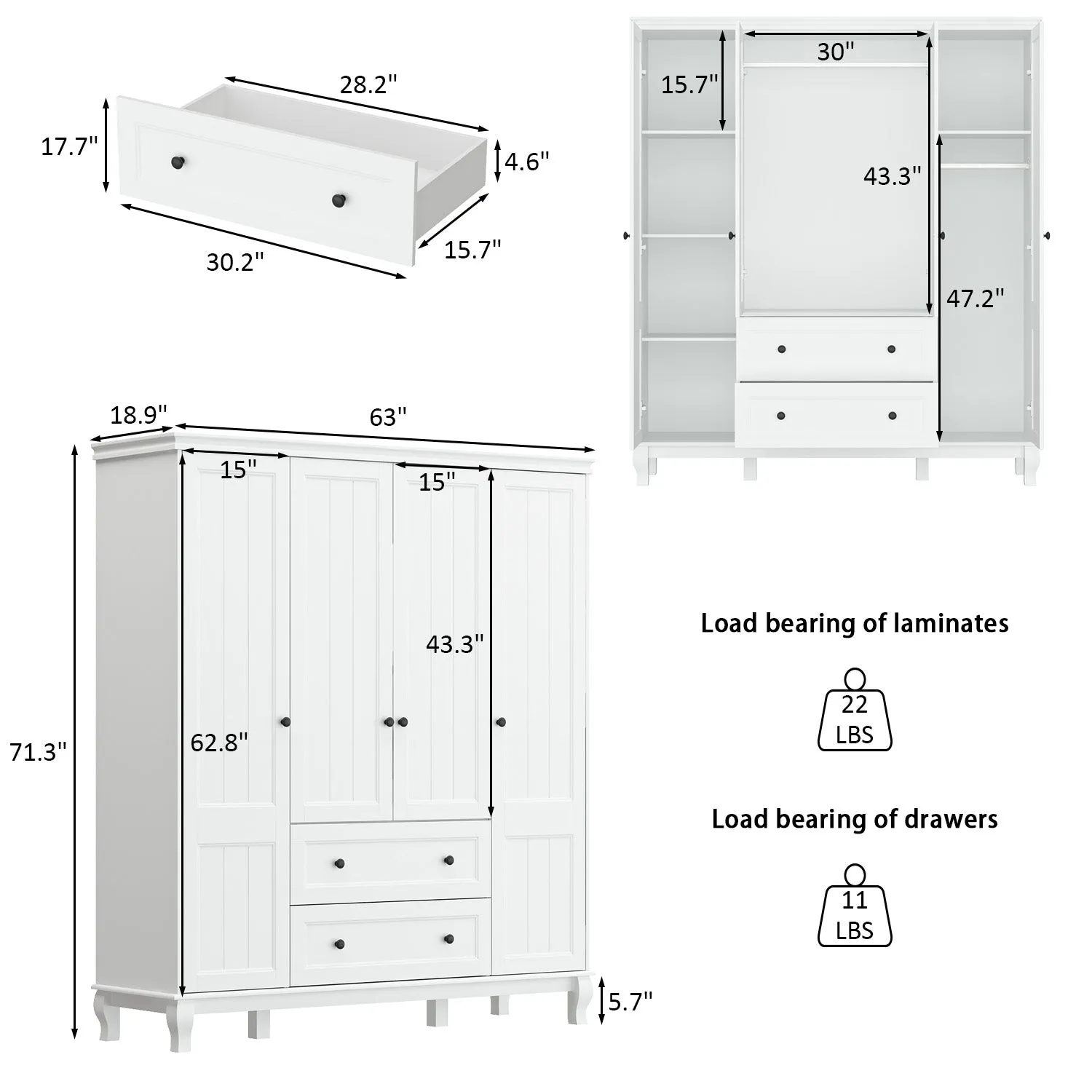 Wardrobe Armoire Garment Rack Closet with Storage Shelves and Drawers in White Finish for Bedroom