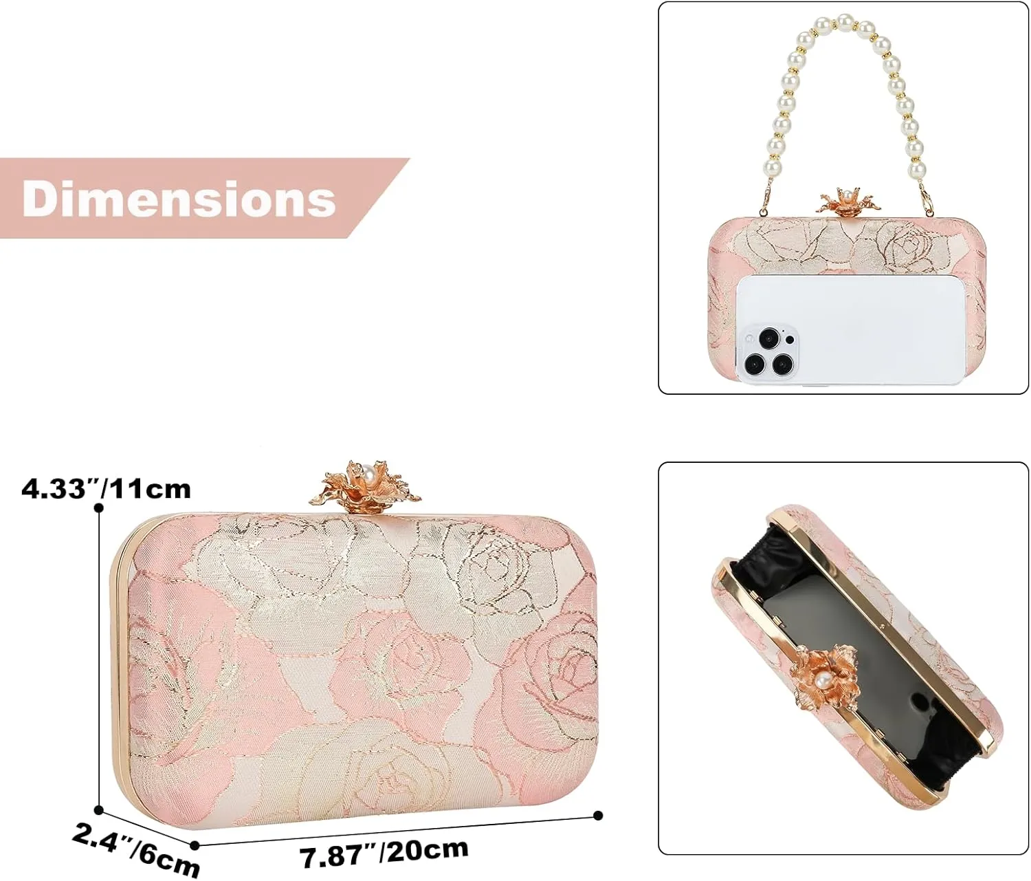 Womens Vintage Floral Embroidery Clutch Evening Handbag Shoulder Bags Purse for Wedding Party Prom