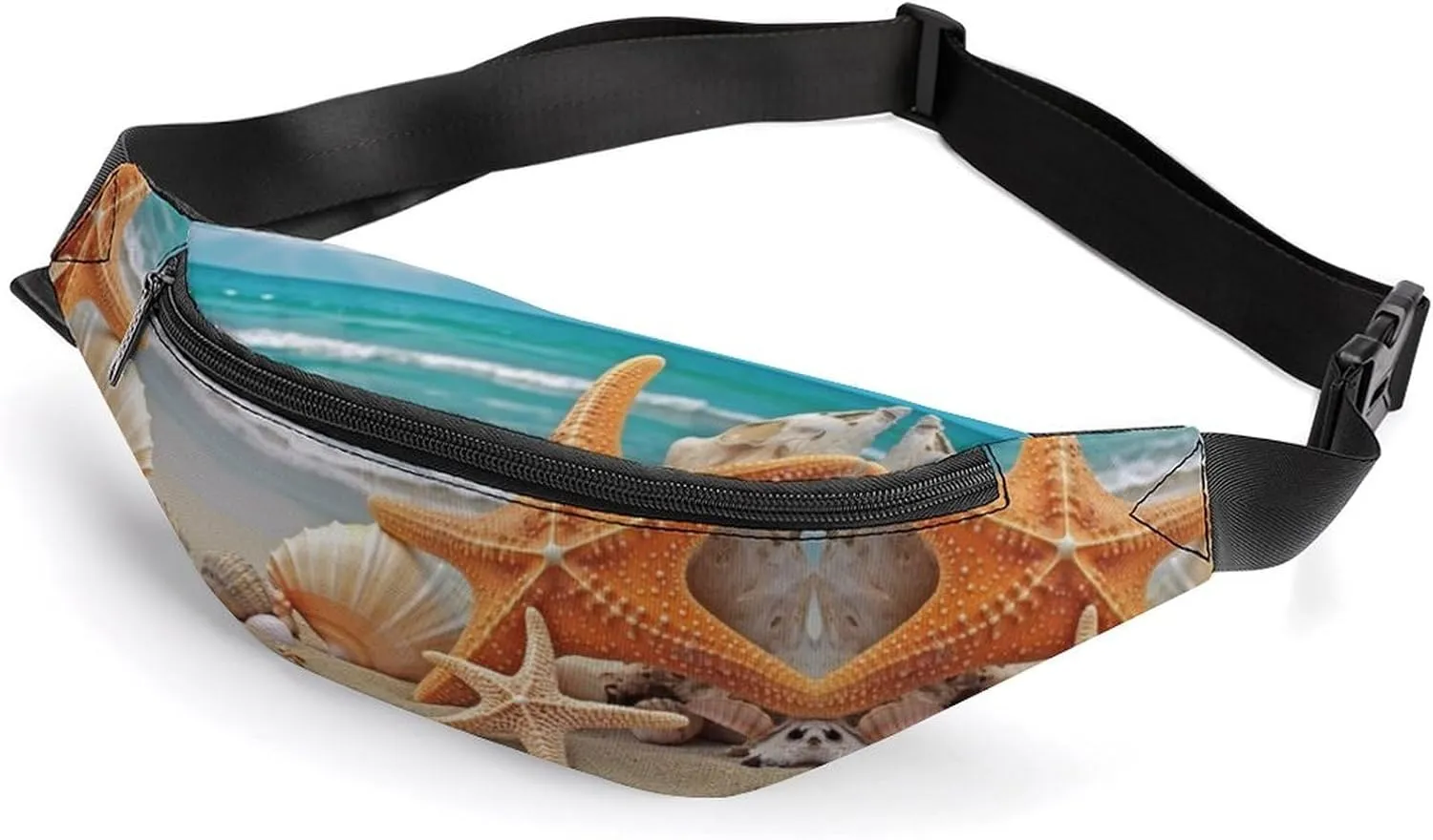 Zipper Fanny Pack for Men Women Fashion Waist Bag Stylish Crossbody Bags with Adjustable Strap Starfish Seashell Beach Travel Chest Bags Belt Bags for Running Hiking Workout Cycling
