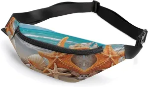 Zipper Fanny Pack for Men Women Fashion Waist Bag Stylish Crossbody Bags with Adjustable Strap Starfish Seashell Beach Travel Chest Bags Belt Bags for Running Hiking Workout Cycling
